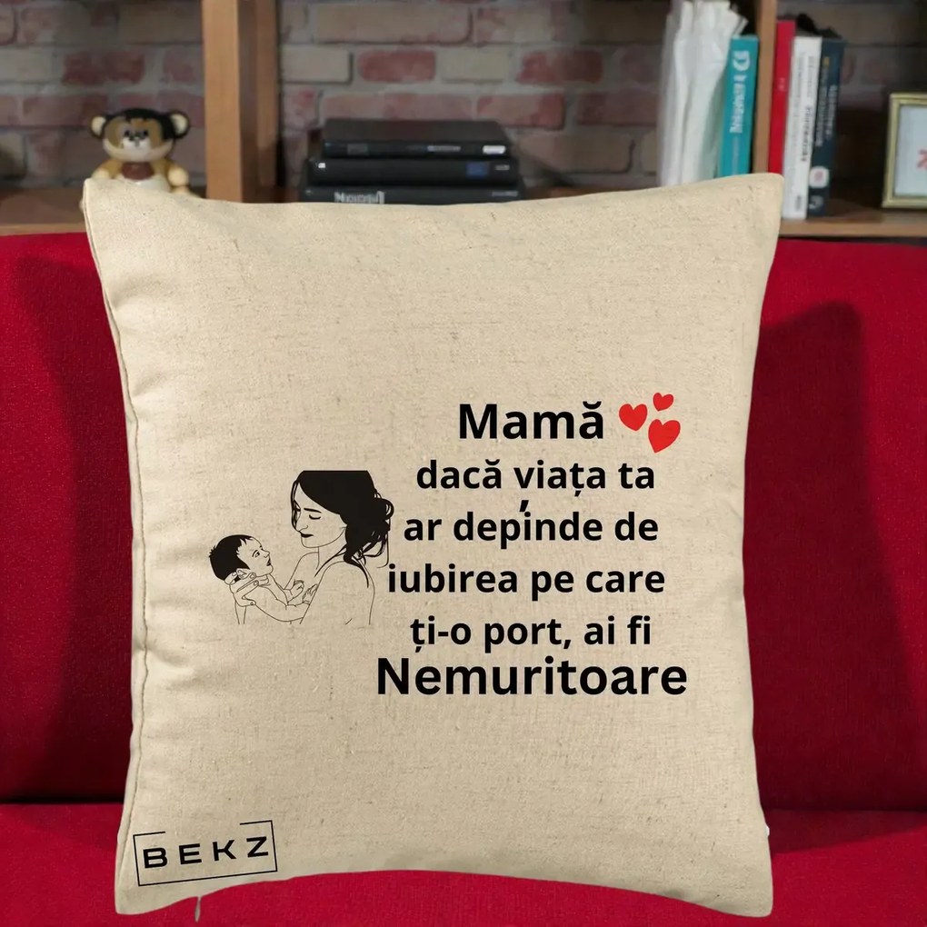 Cadou pentru Mama - Perna Personalizata Mama Nemuritoare Imbratisare Copil, 40x40 cm, Bej, Husa Detasabila, Perna Inclusa, BEKZ®