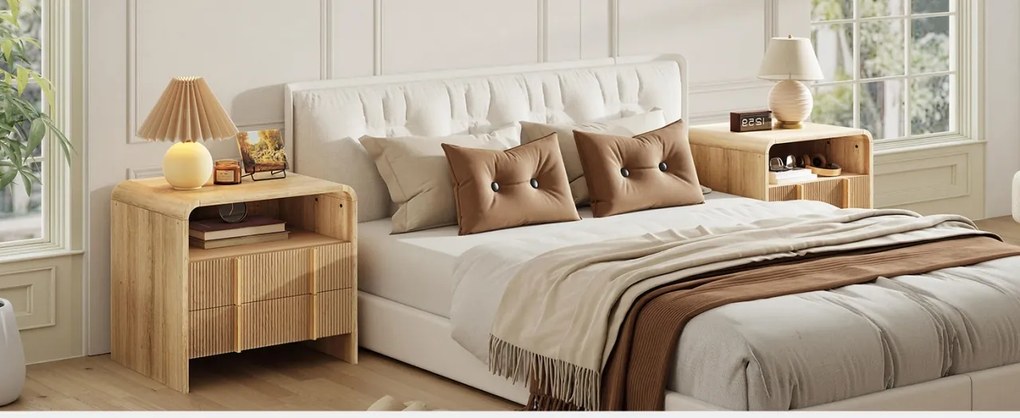 Set 2x Noptiere 55 x 40 x 60 cm, cu 2 sertare si raft, dormitor, Noptiere moderne cu Riflaj - NOM1