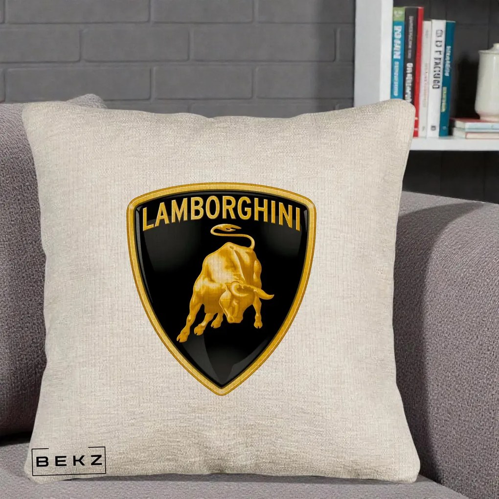 Perna Personalizata cu emblema Lamborghini, 40x40 cm, Bej Canapea, Husa Detasabila, Perna Inclusa, BEKZ®
