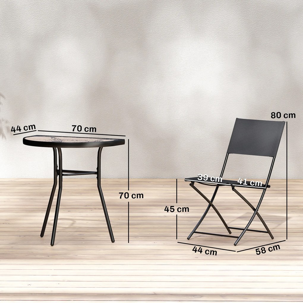 Outsunny Set bistro de exterior, mobilier de terasă 3 piese cu scaune pliante, masă din sticlă semicirculară, negru | Aosom Romania