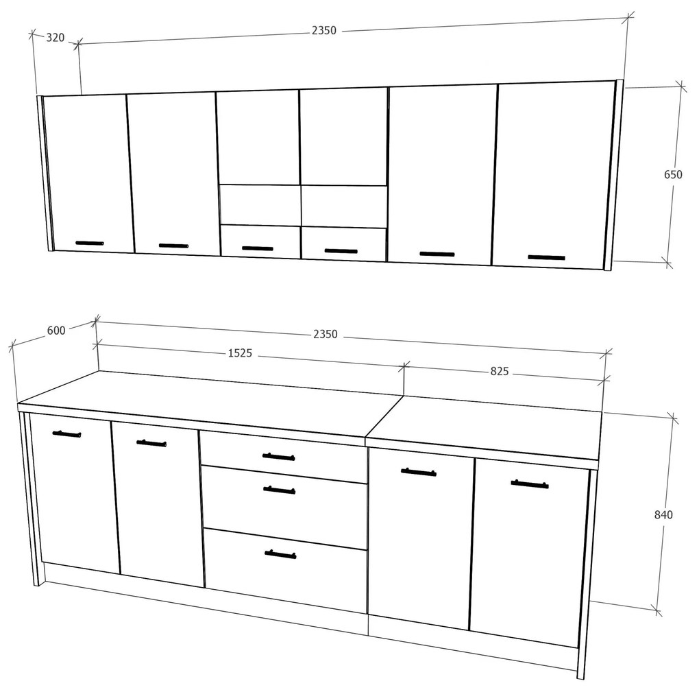 Bucatarie haaus Lima, Alb Lucios/Negru, MDF, L 235 cm