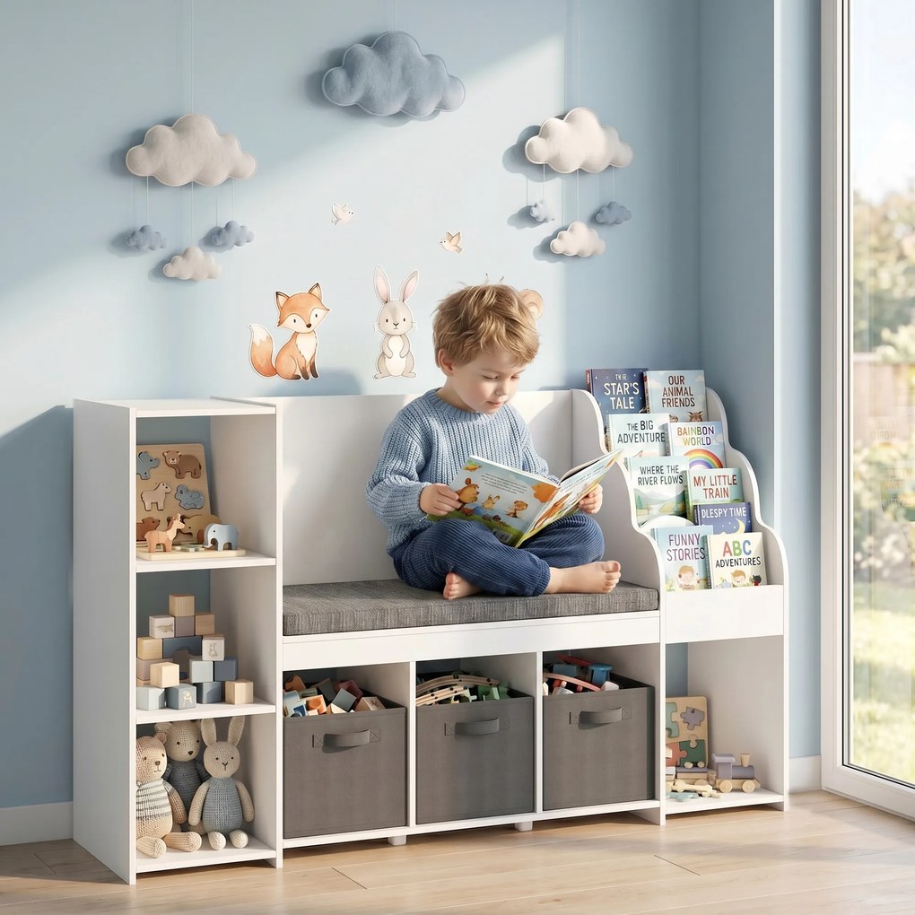 AIYAPLAY Raft Depozitare Jucării Copii 3-8 Ani cu Bibliotecă pe 3 Niveluri, 3 Sertare, 4 Compartimente, Pernă, Alb | Aosom Romania