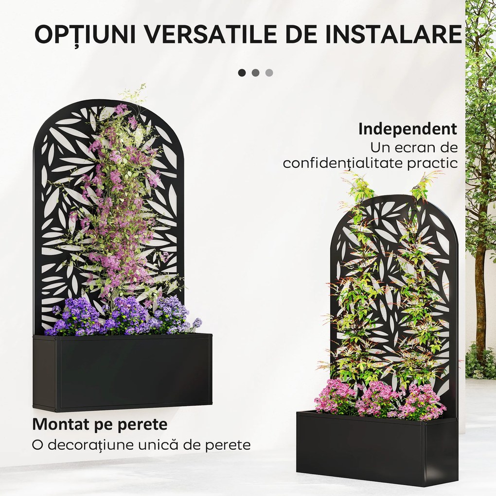 Outsunny Jardiniere Ridicată pentru Grădină și Balcon cu Spalier Arcuit Decorat cu Frunze, pentru Flori și Legume, Montare pe Perete sau Utilizare Independentă, Negru | Aosom Romania