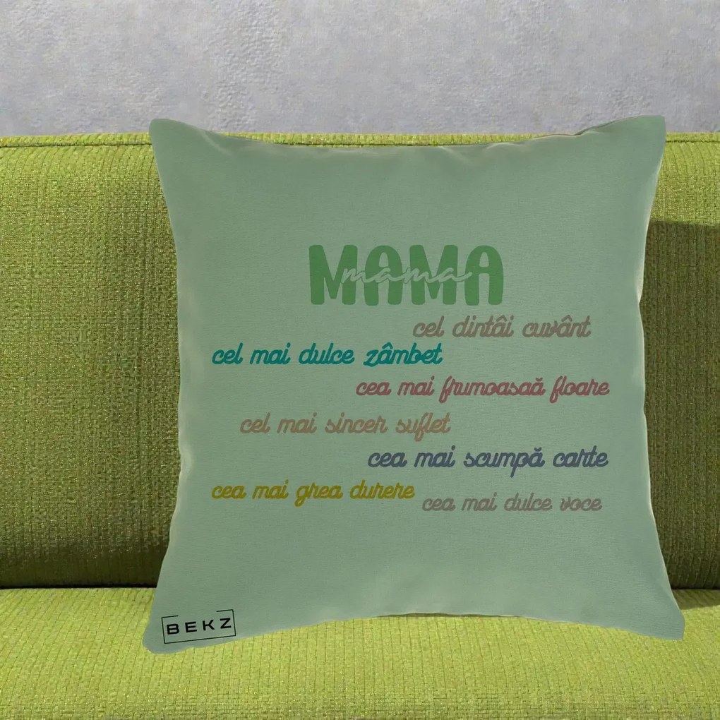 Cadou pentru Mama - Perna Personalizata Mama Cel Dintai Cuvant cu Text Colorat Multicolor, 40x40 cm, Verde, Husa Detasabila, Perna Inclusa, BEKZ®