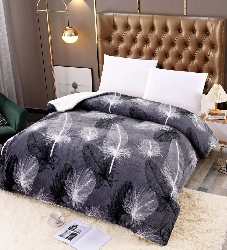 Patura cocolino dubla cu blanita, pat 2 persoane, alb / negru, PDBJ-59