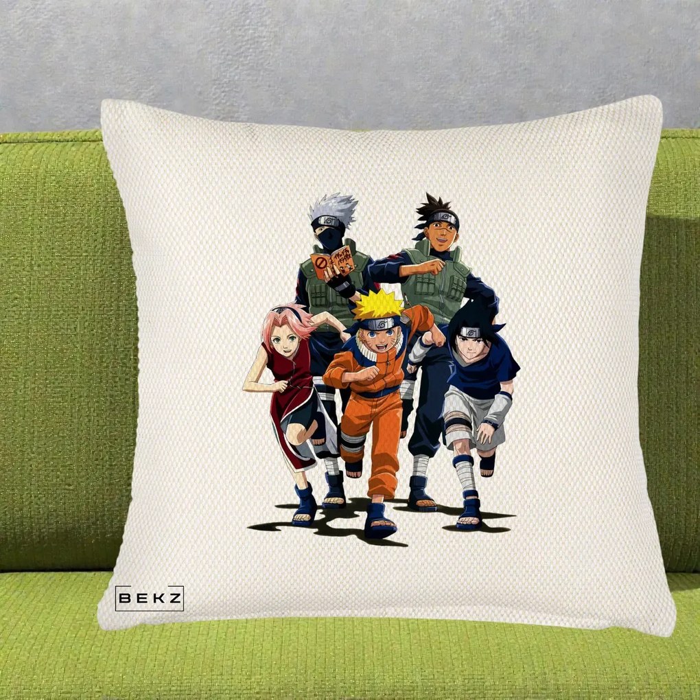 Perna Personalizata Naruto Echipa 7 Kakashi Sensei, 40x40 cm, Crem Reliefat, Husa Detasabila, Perna Inclusa, BEKZ®