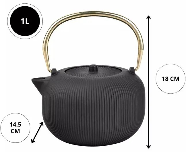 Ceainic din fonta cu infuzor Kinghoff KH 1931, 1 l, Fonta, Interior emailat, Negru