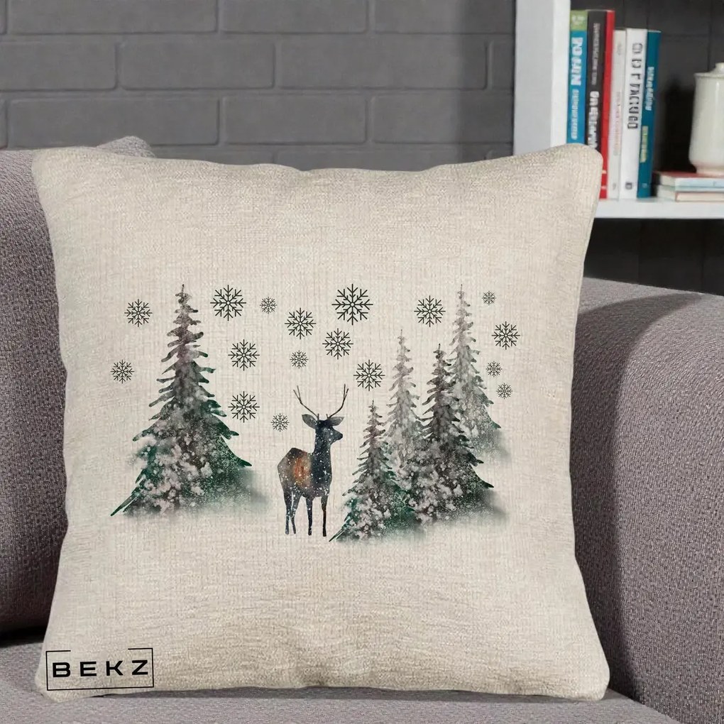 Perna Decorativa Ren in Padure Inzapezita, 40x40 cm, Bej Canapea, Husa Detasabila, Perna Inclusa, BEKZ®