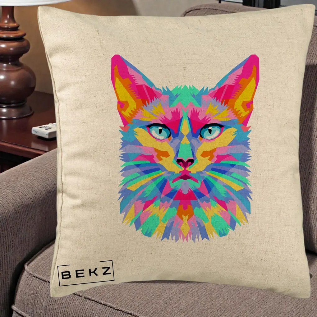 Perna decorativa Pisica Pop Art Multicolor, 40x40 cm cu Umplutura, Bej, BEKZ
