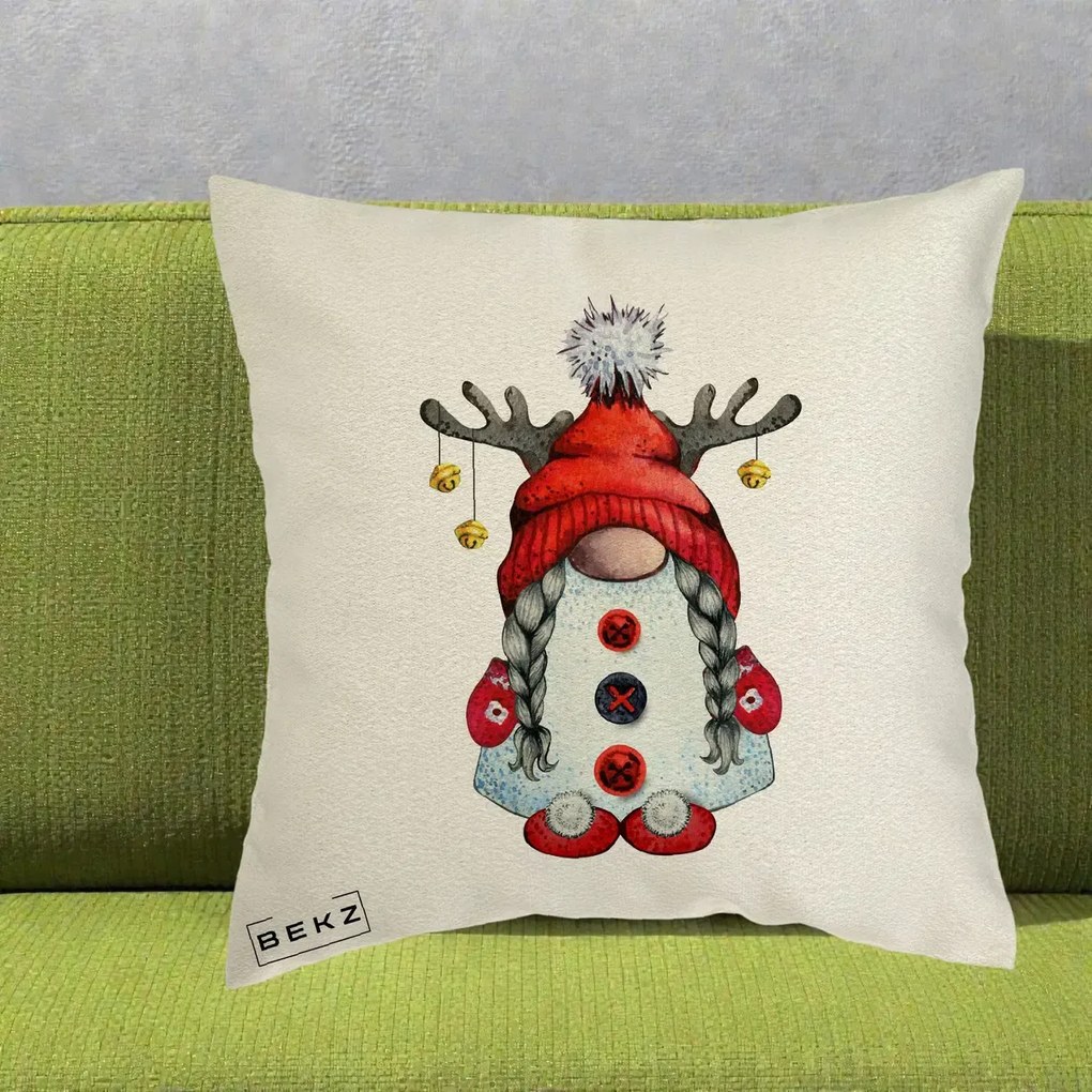 Perna Decorativa Pitic Gnom Craciun cu Coarne de Ren, 40x40 cm, Ecru, Husa Detasabila, Perna Inclusa, BEKZ®