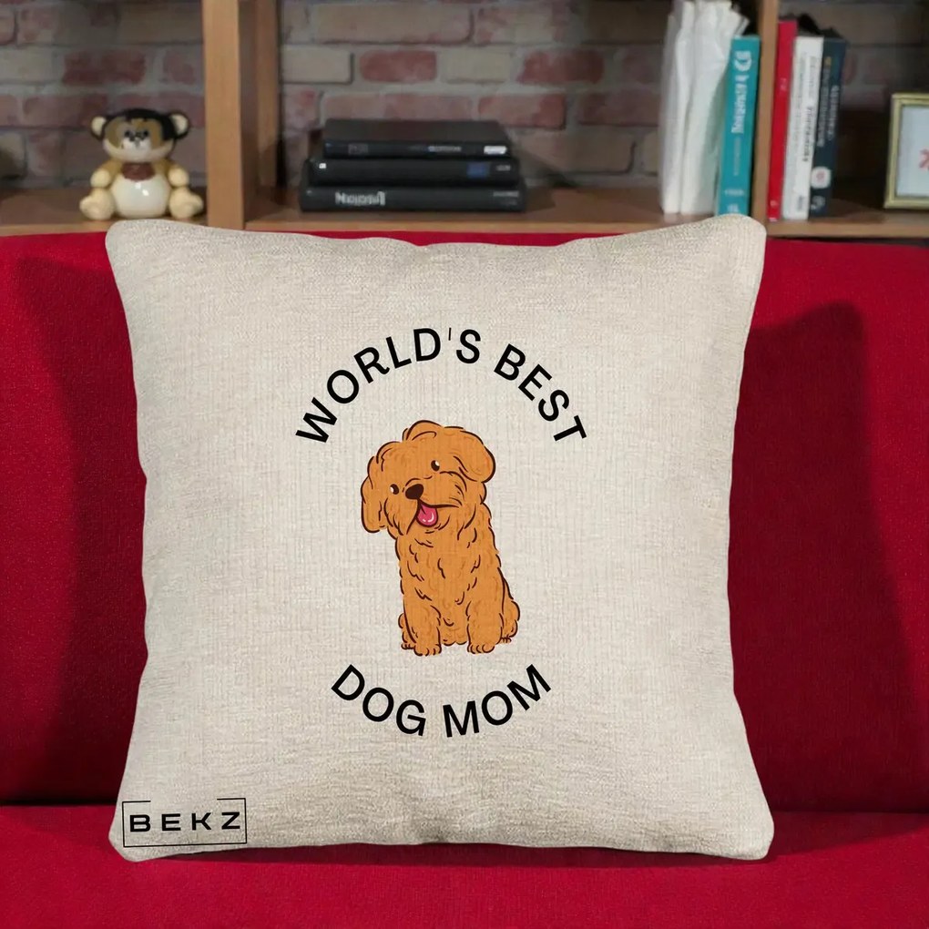 Cadou pentru Iubitorii de Caini - Perna Personalizata World's Best Dog Mom, 40x40 cm, Bej Canapea, Husa Detasabila, Perna Inclusa, BEKZ®