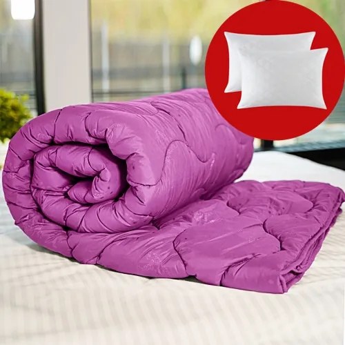 Set pilota iarna, umplutura lana, material policoton, 180x210cm, matlasata, siclam, Pucioasa cu 2 perne, matlasate, antialergice, 50x70cm, albe, Pucioasa