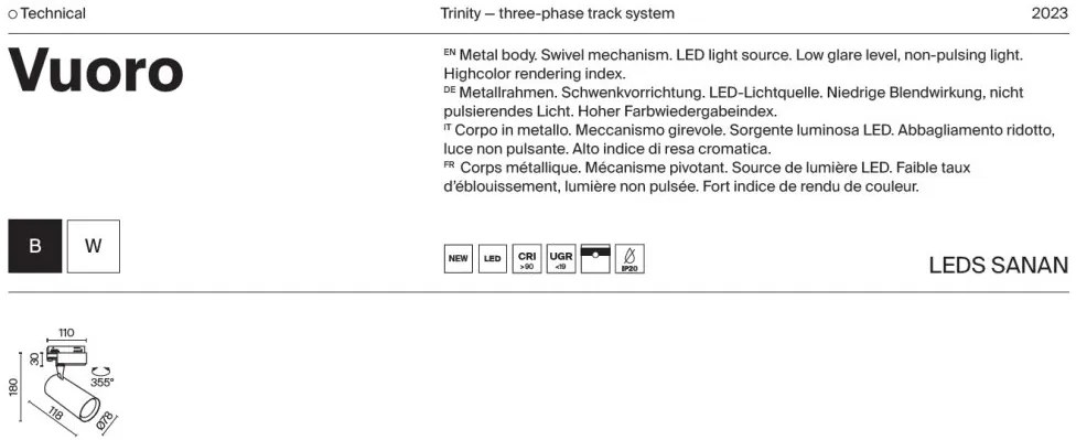 Spot LED, accesoriu pentru sinele trifazate Trinity, Vuoro alb 4000K 20W