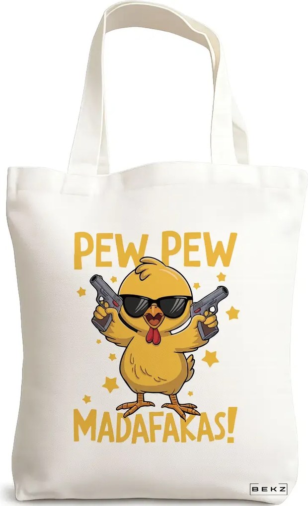 Sacosa de Panza pentru Cumparaturi, Geanta Tote, model Pew pew madafakas 38 x 34.5 cm, Alba, BEKZ®