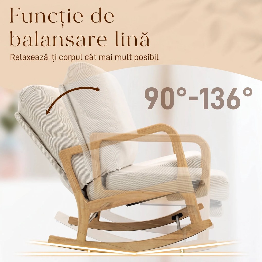 HOMCOM Balansoar din Catifea Fină cu Suport Picioare, Spătar Reclinabil, Stil Scandinav, Crem | Aosom Romania