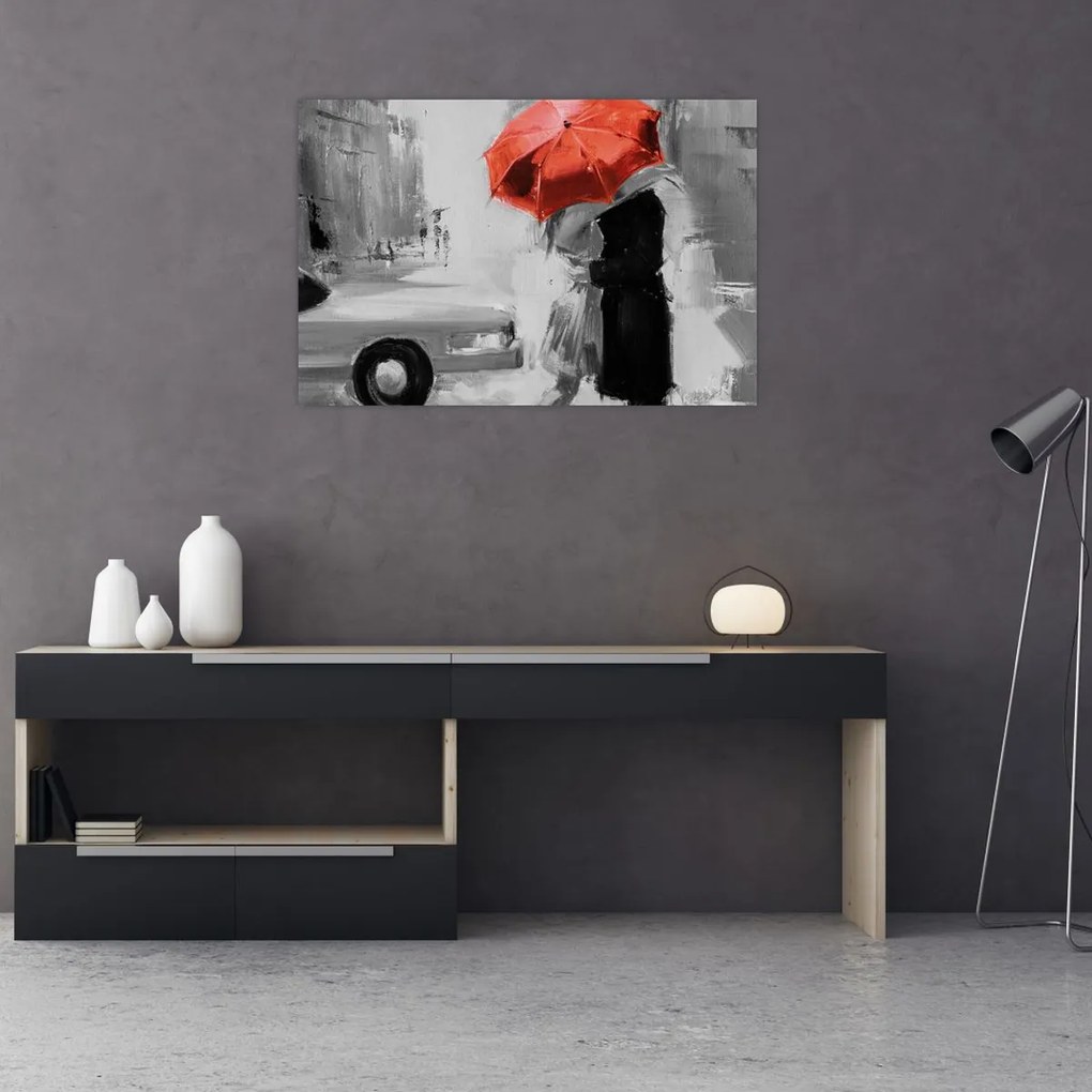 Tablou - Cuplu în dragoste sub o umbrelă, roșu (90x60 cm)