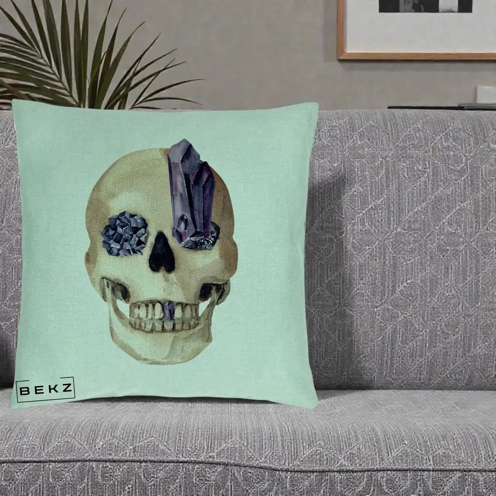 Perna Decorativa Craniu cu Cristale de Ametist, 40x40 cm, Verde Menta, Husa Detasabila, Perna Inclusa, BEKZ®