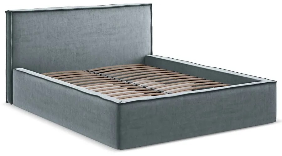 Pat matrimonial albastru deschis tapițat cu spațiu de depozitare cu somieră 140x200 cm Anani – Makamii