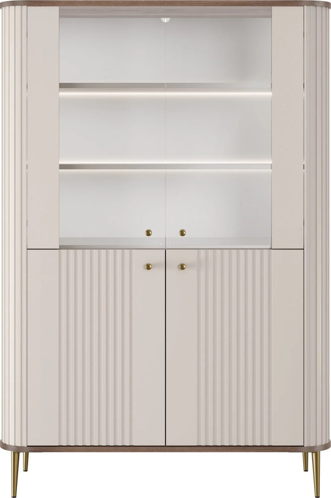 Vitrină Vesper 103 cm cu 4 uși - cașmir / nuc / picioare aurii