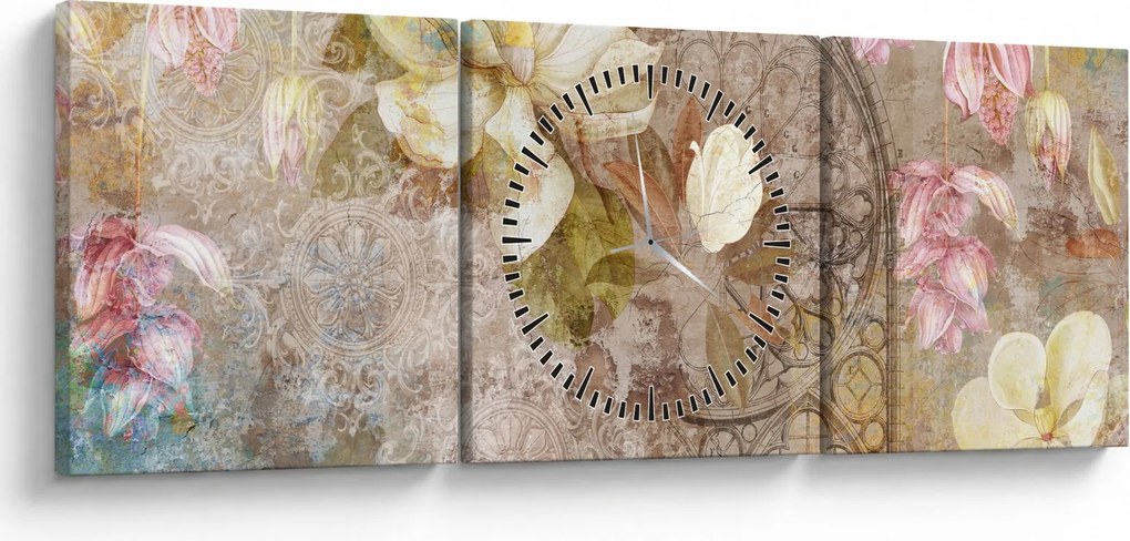 Tablou - Ornament de flori (cu ceas) (90x30 cm)