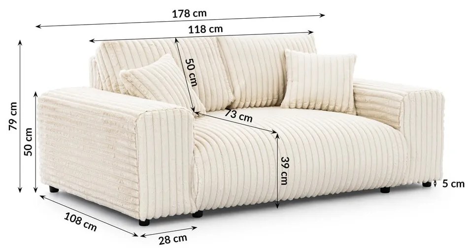 Canapea crem cu tapițerie din catifea reiată 178 cm Justin – Ropez