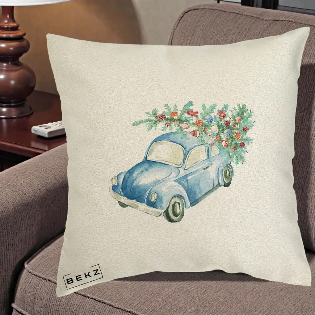 Perna Decorativa Masinuta Albastra cu Brad de Craciun, 40x40 cm, Ecru, Husa Detasabila, Perna Inclusa, BEKZ®