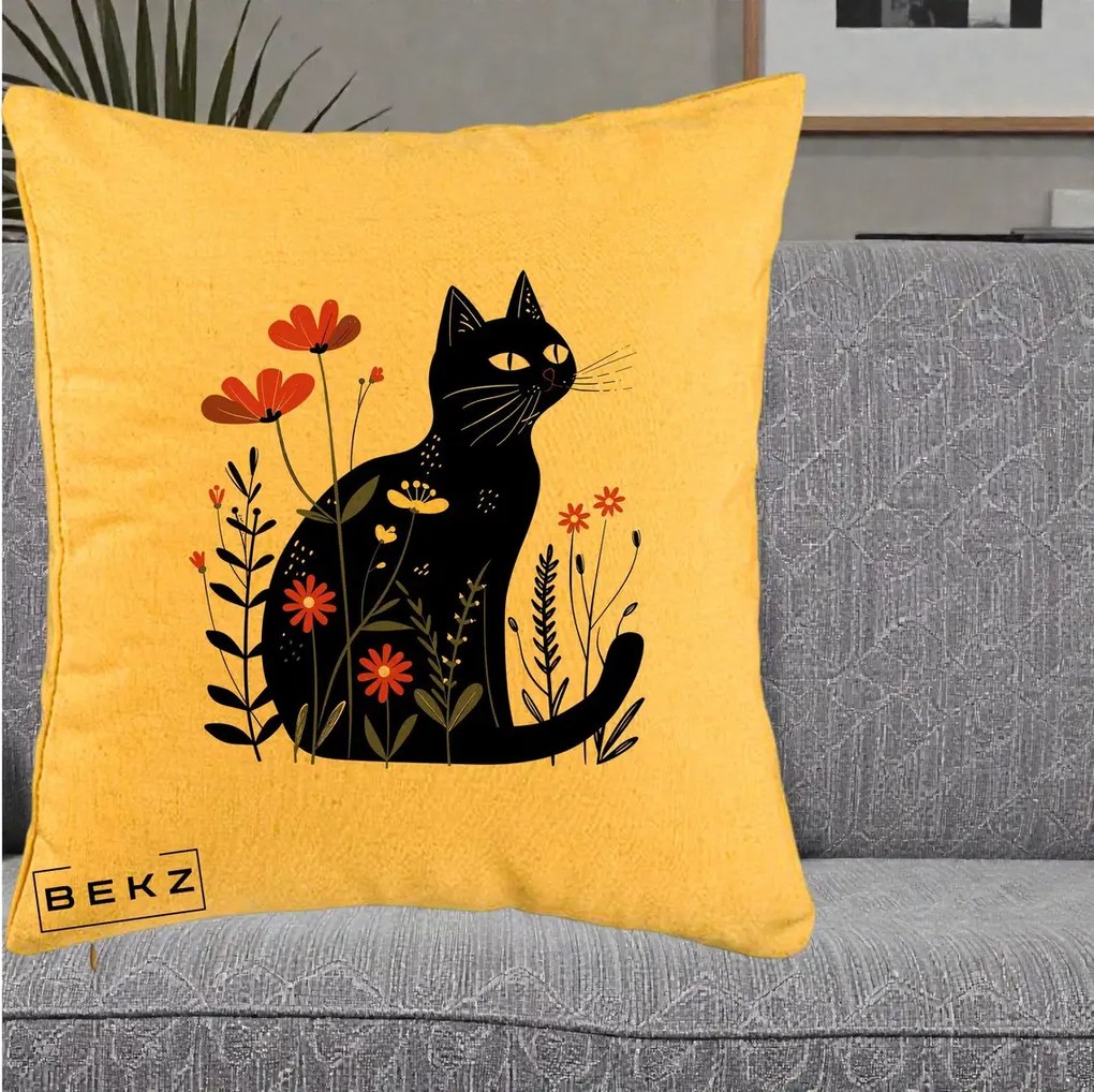 Perna Decorativa Pisica Neagra Flori Rosii Folk, 40x40 cm, Galben, Husa Detasabila, Perna Inclusa, BEKZ®