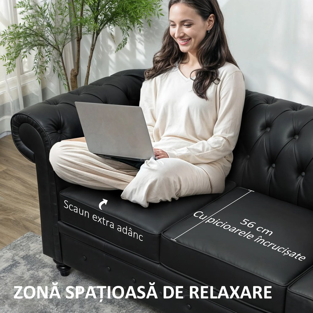 HOMCOM Canapea cu 3 Locuri, Brațe și Tapițerie Groasă, 213x86x79 cm, Negru | Aosom Romania