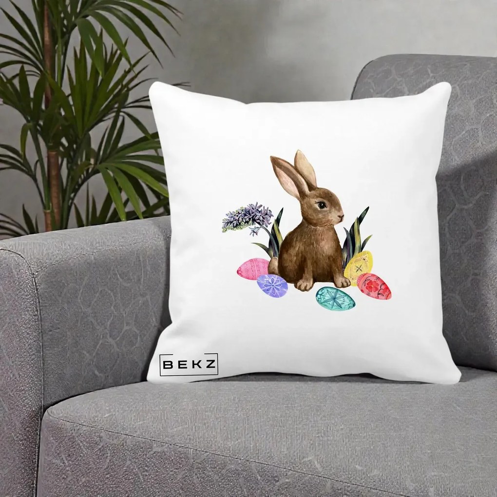 Perna Decorativa Iepuras cu Oua de Pasti Acuarela, 40x40 cm, Alba Mata, Husa Detasabila, Perna Inclusa, BEKZ®