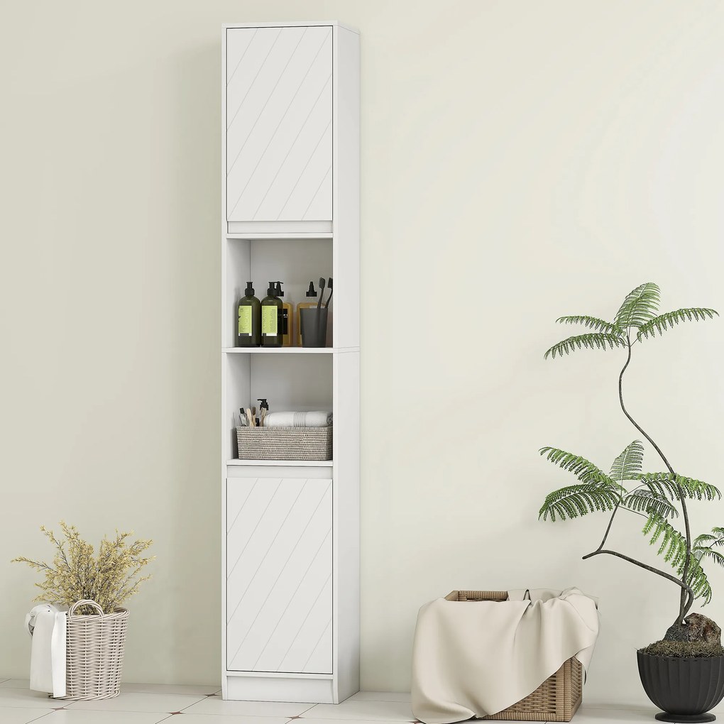 HOMCOM Dulap de baie tip coloană, compact, din lemn, cu 2 dulapuri și rafturi, 30x24x170 cm, alb | Aosom Romania