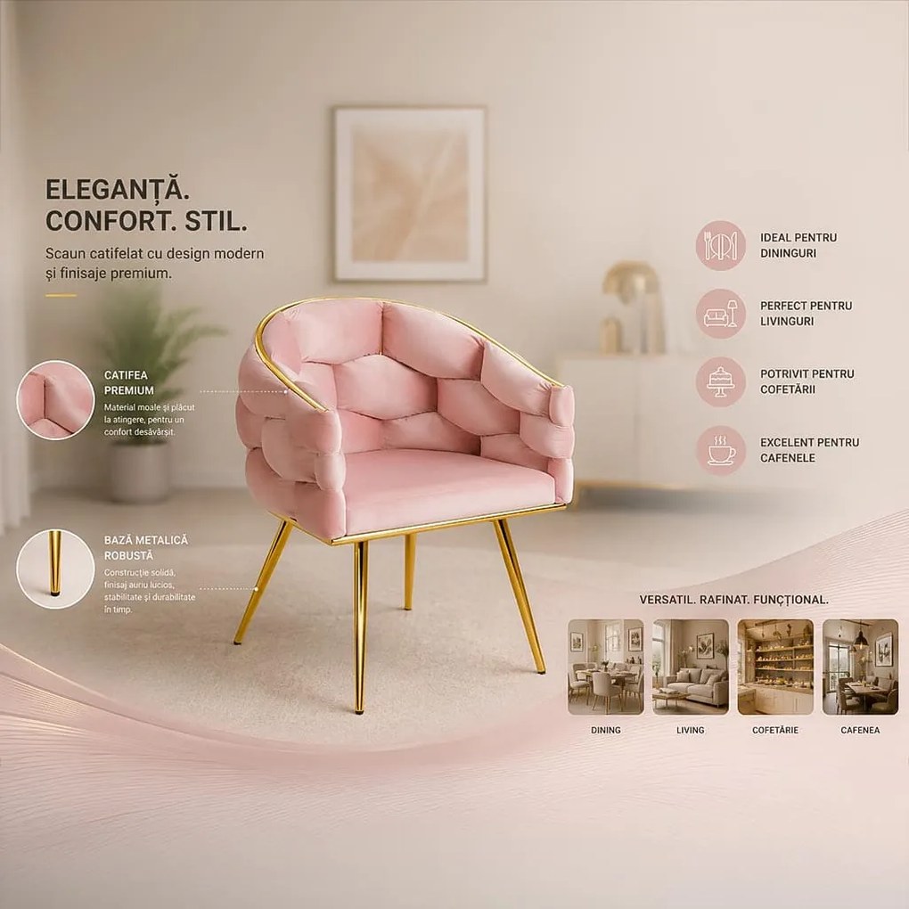 Scaun living roz din catifea cu aspect modern BUC 251