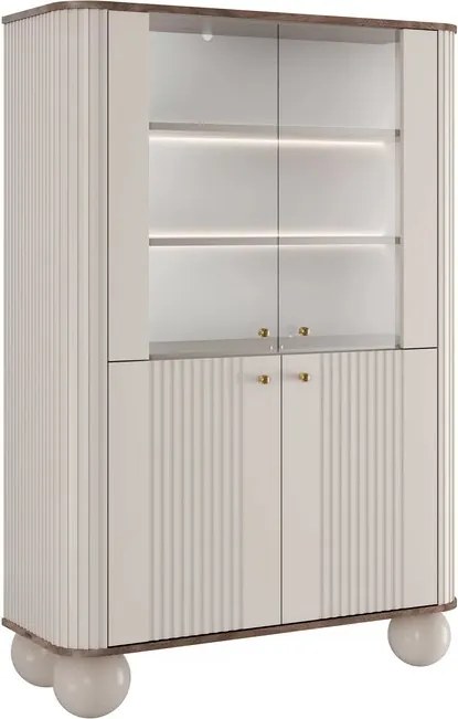 Vitrină cu patru uși Vesper 103 cm - cașmir / nuc / mânere aurii / picioare rotunde
