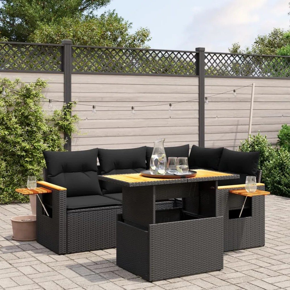vidaXL Set mobilier de grădină cu perne, 5 piese, negru, poliratan