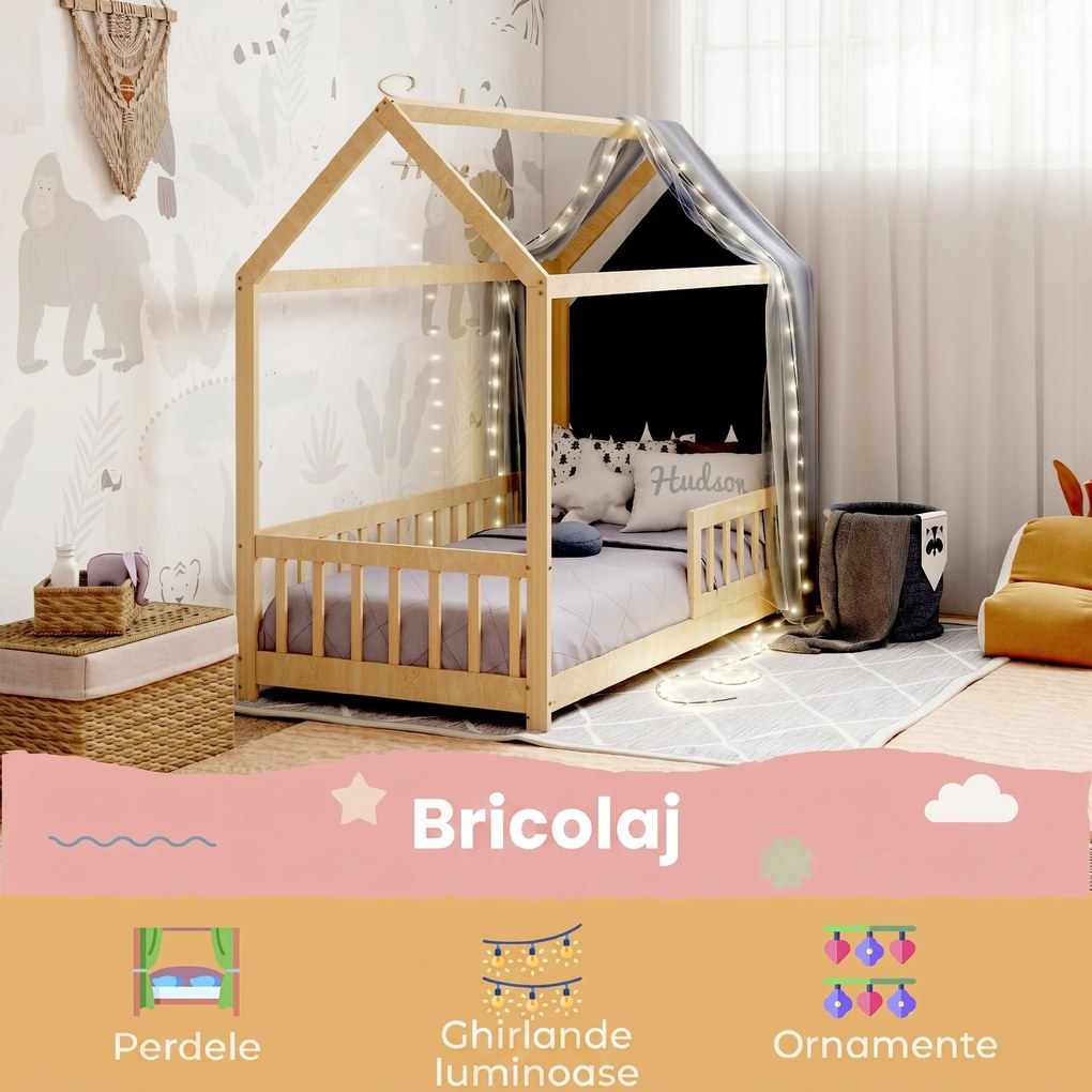 HOMCOM Pat pentru Copii din Lemn de Pin, 96x195x165 cm, Culoare Lemn | Aosom Romania