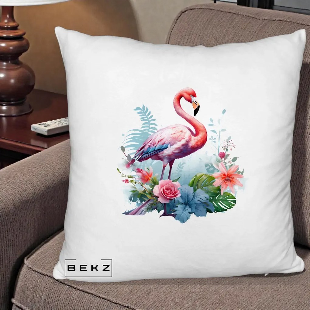 Perna Decorativa Flamingo cu Flori Tropicale Acuarela, 40x40 cm, Alb Pufos, Husa Detasabila, Perna Inclusa, BEKZ®