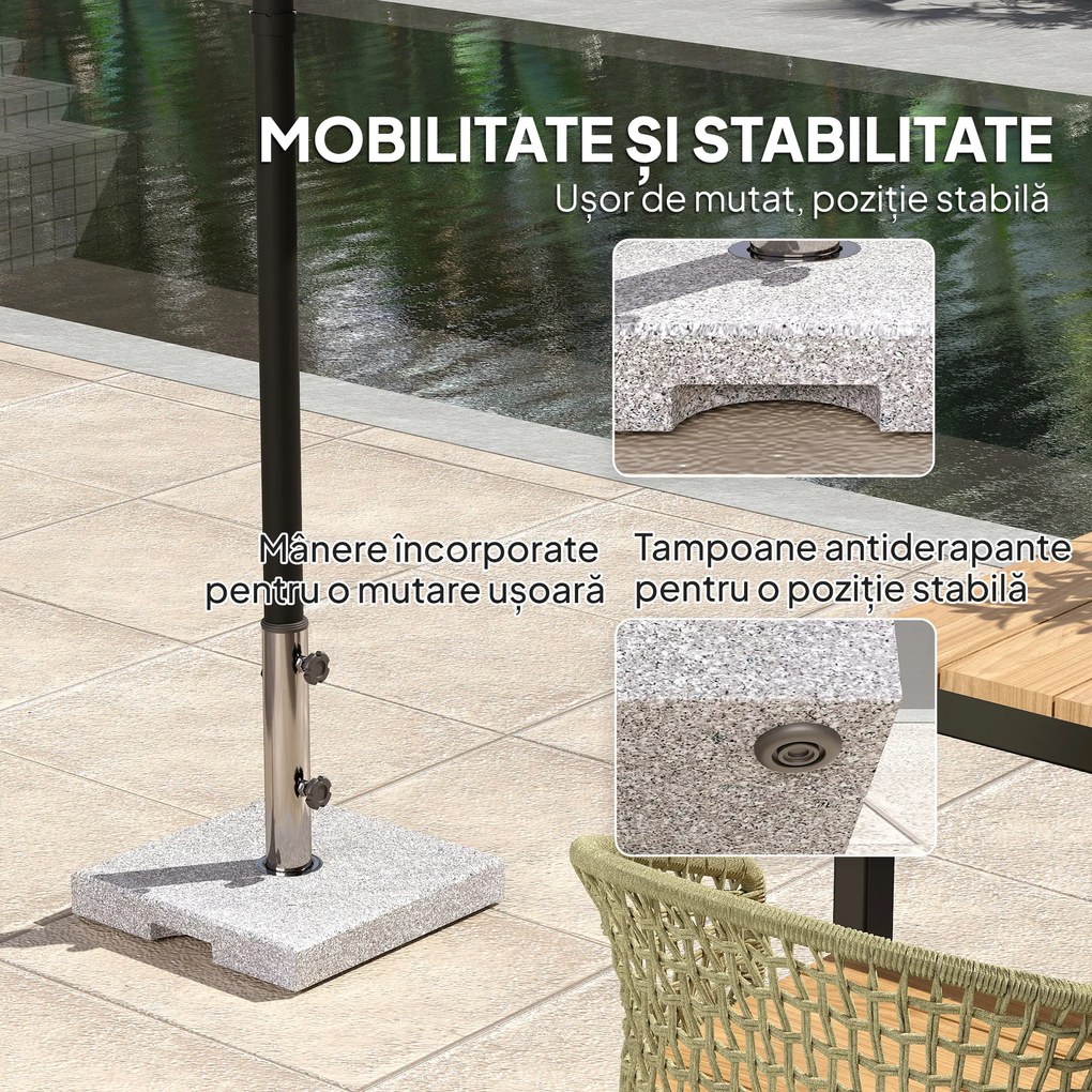 Outsunny Bază pentru Umbrelă din Granit 21 kg, Bază Pătrată pentru Umbrele de Exterior cu Mânere și 2 Butoane Reglabile, Ideală pentru Grădină, Patio, Marginea Piscinei, Gri | Aosom Romania