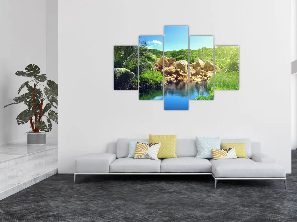 Tablou cu lac în jungla din Seychelles (150x105 cm)