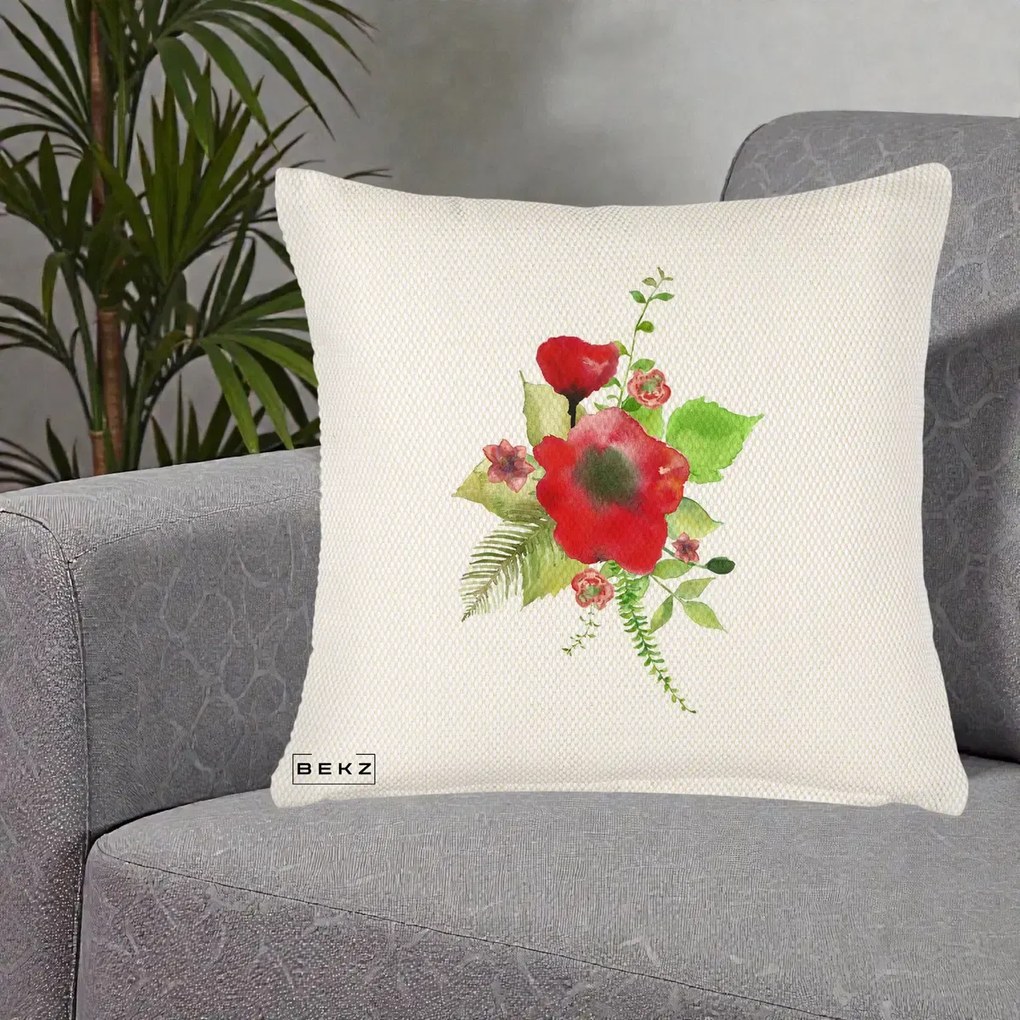 Perna Decorativa Buchet Rosu Acuarela, 40x40 cm, Crem Reliefat, Husa Detasabila, Perna Inclusa, BEKZ®