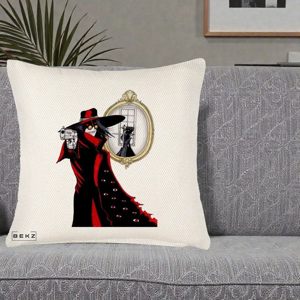 Perna Personalizata Hellsing Alucard cu Pistoale, 40x40 cm, Crem Reliefat, Husa Detasabila, Perna Inclusa, BEKZ®