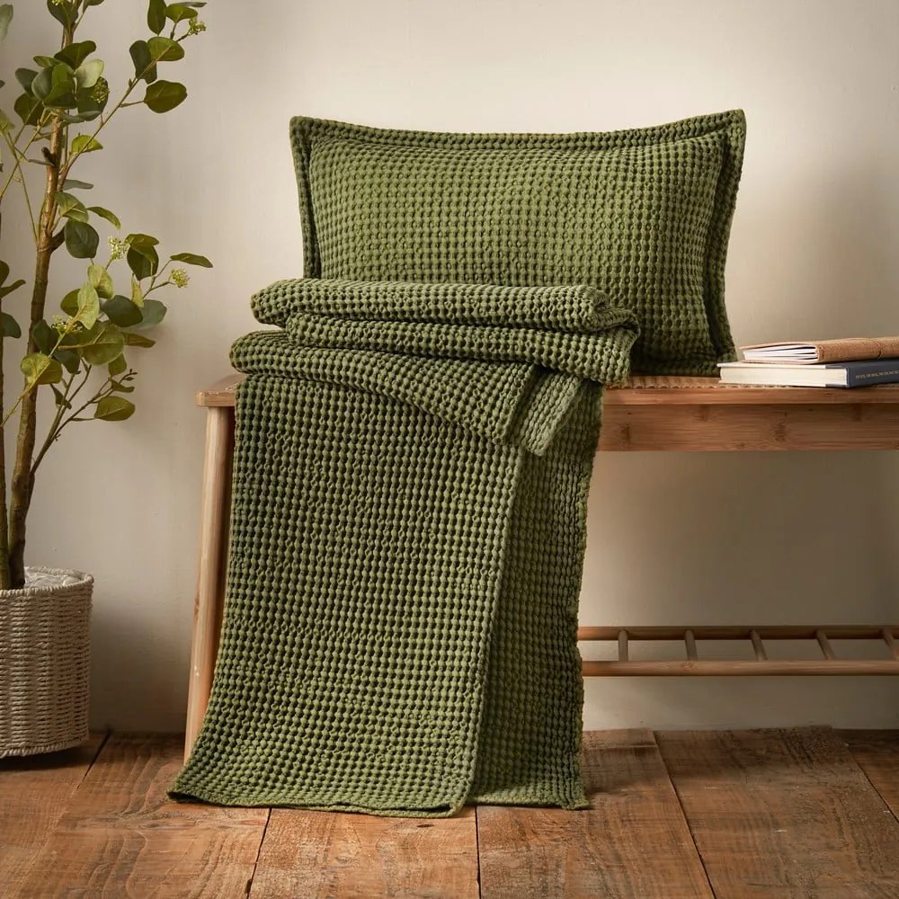 Pătură verde din bumbac 150x200 cm Jaipur Chunky Waffle – Pineapple Elephant