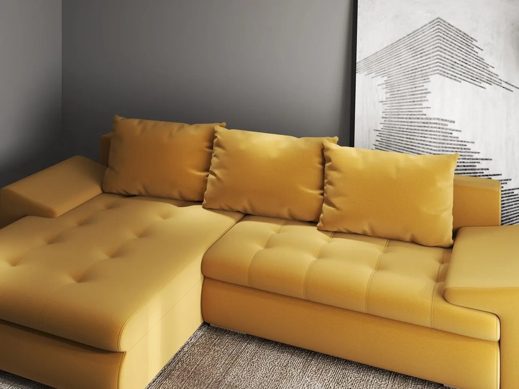 Colțar extensibil dumonde cu ladă de depozitare si sezut confortabil din spuma high-density, Leonardo Royal Mustar 260x185 cm