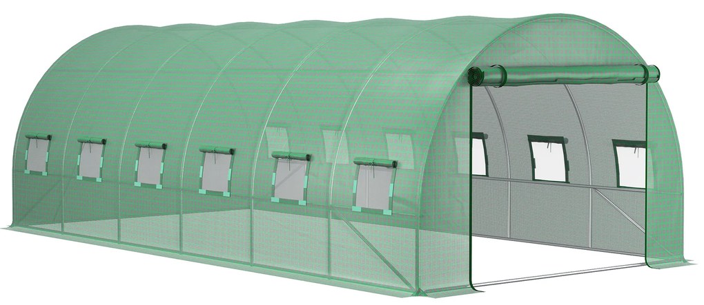 Prelată de seră Outsunny din PE cu 12 ferestre, ușă rulantă și margini îngropate, 6x3x2 m, de culoare verde | Aosom Romania