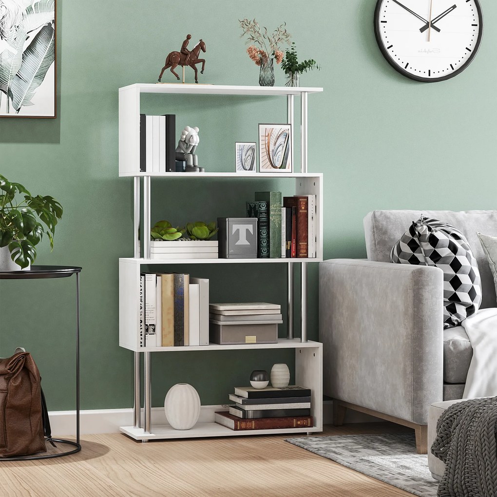 HOMCOM Bibliotecă Modernă cu 4 Rafturi, pentru Living sau Birou, 80x30x145 cm, Alb | Aosom Romania