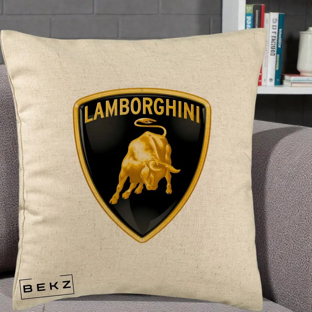 Perna Personalizata cu emblema Lamborghini, 40x40 cm, Bej, Husa Detasabila, Perna Inclusa, BEKZ®