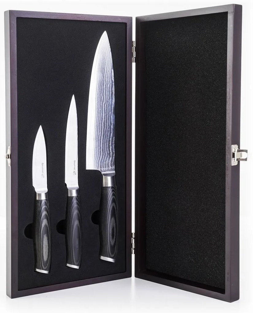 Set de cuțite G21 Gourmet Damascus în bloc de bambus 3 bucăți + piatră de ascuțit