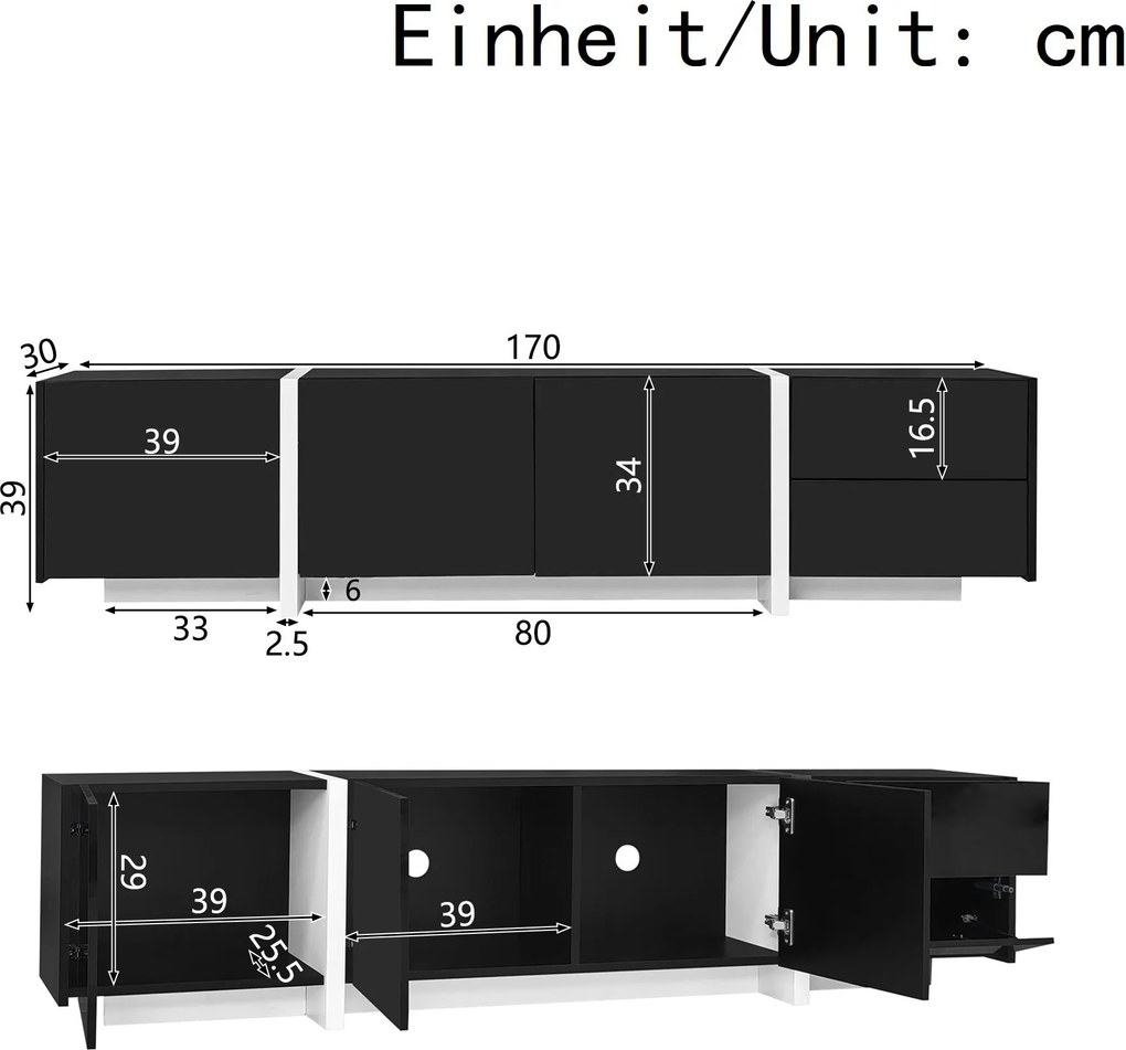 Comodă TV cu dulap jos, bandă LED, 170x30x39 cm, Negru