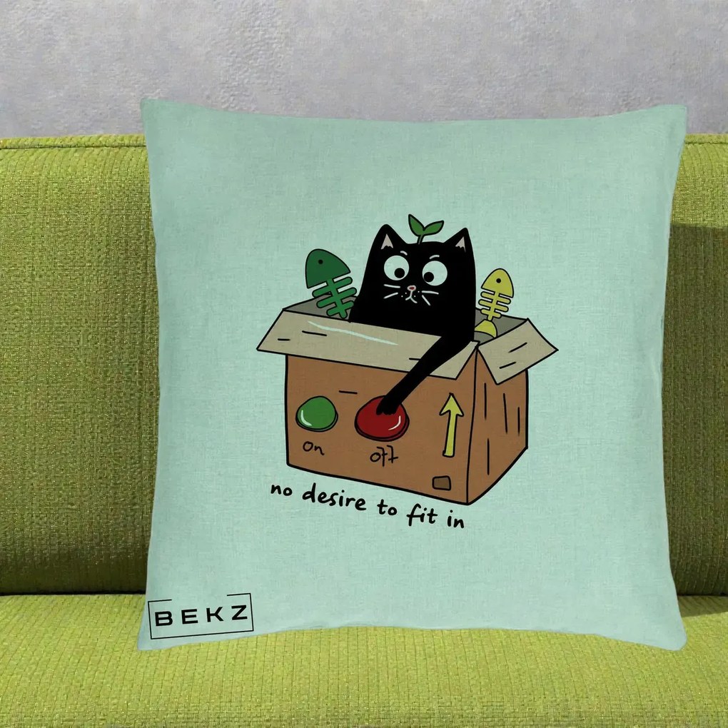 Perna Decorativa Pisica in Cutie No Desire to Fit In, 40x40 cm, Verde Menta, Husa Detasabila, Perna Inclusa, BEKZ®