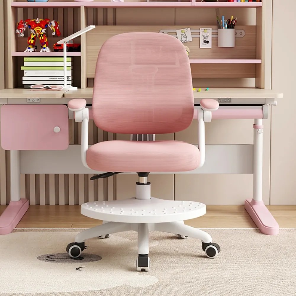 Scaun ergonomic pentru copii, spatar relgabil adancime, suport picioare reglabil, rotativ, Roz