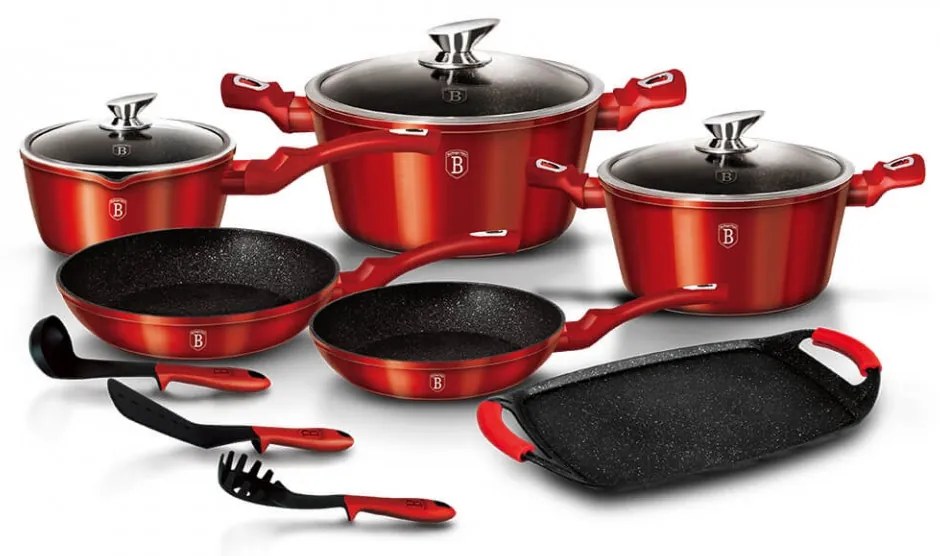 Set oale si tigai marmorate (12 piese) din aluminiu forjat Burgundy Metalic Line Berlinger Haus BH 1695