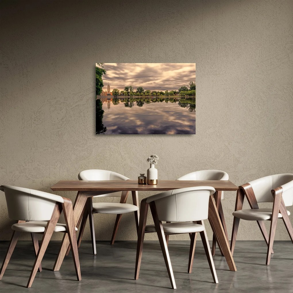 Tablou pe sticlă cu lac și copaci (70x50 cm)